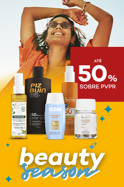 Produtos de Beleza beauty season com destaque promocional de at&eacute;  50% sobre pre&ccedil;o de Venda ao P&uacute;blico Recomendado